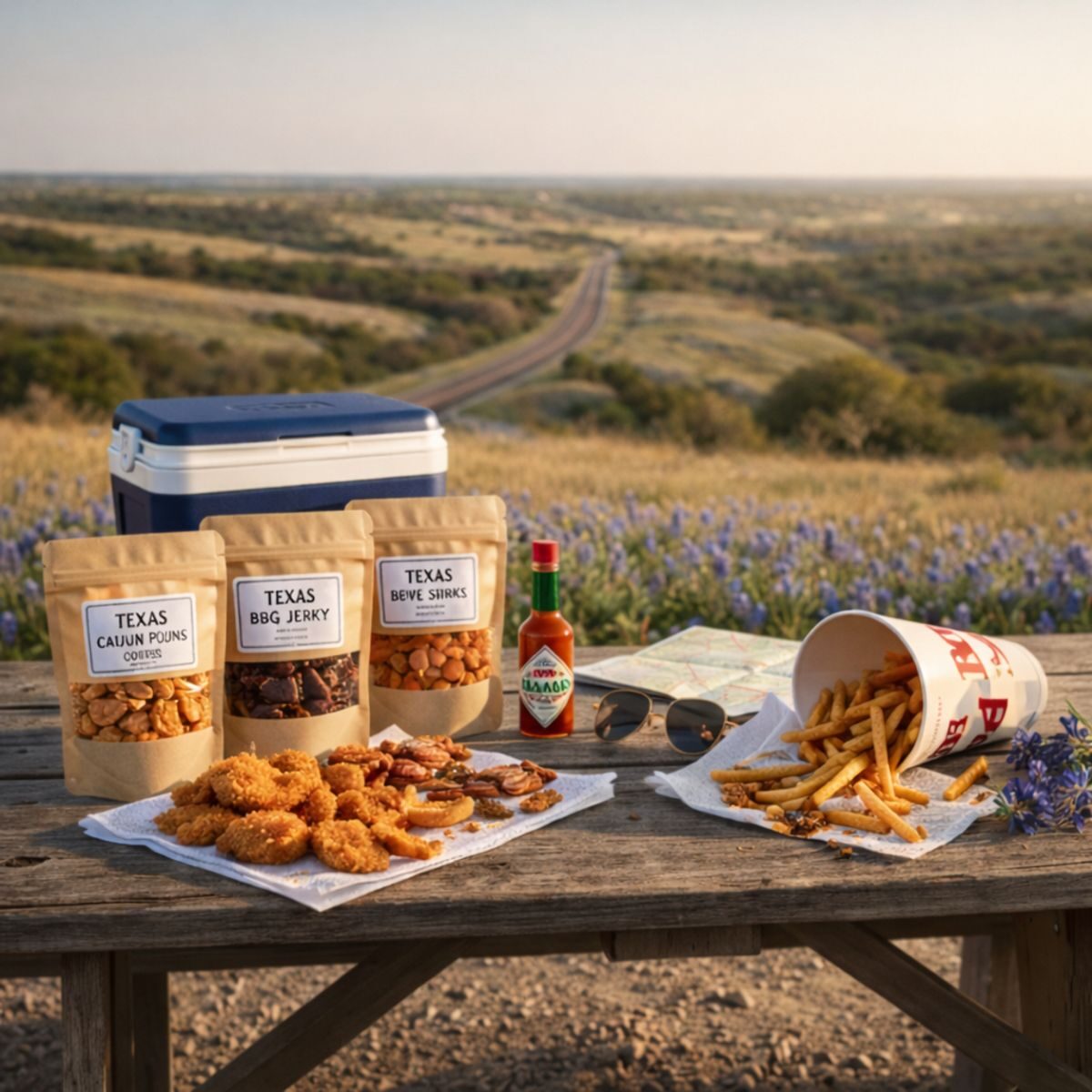 Texas road trip snack spread with jerky, Beaver Nuggets, and hot sauce overlooking a Texas highway